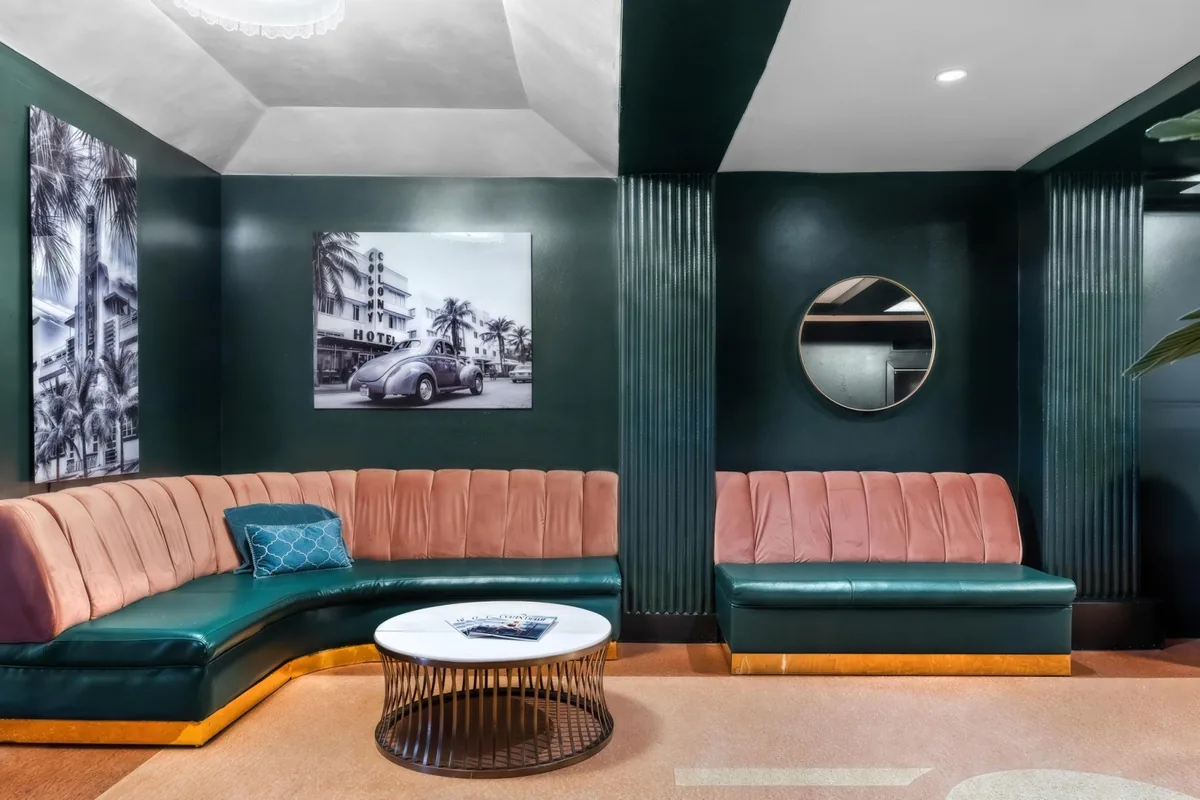 The renovated lounge with banquette seating