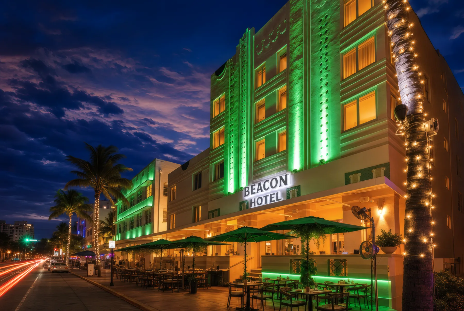 The Beacon’s green neon and terrace on Ocean Drive at dusk