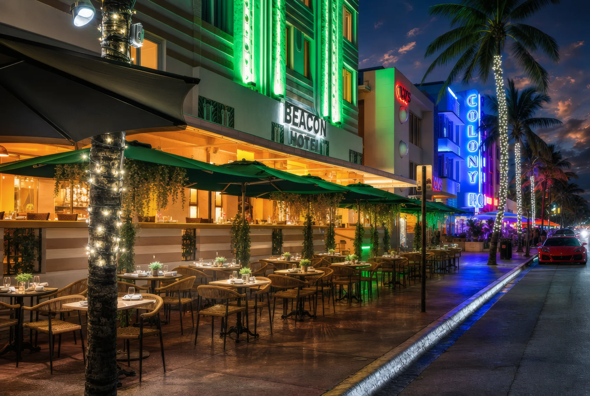 The Beacon’s Ocean Drive terrace at dusk, tables set under the awning