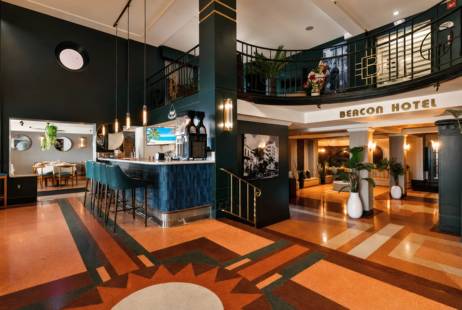 The Beacon lobby bar and Deco terrazzo floor in the evening