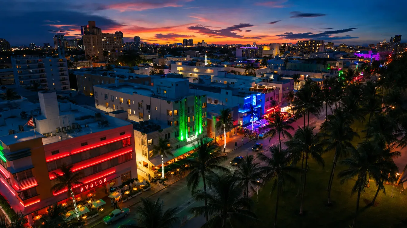 Ocean Drive at dusk from above, the Beacon’s green neon among the lit Deco facades